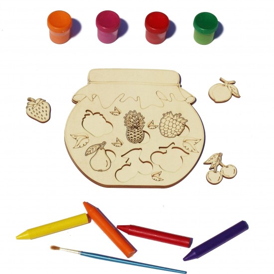 Plansa din Lemn pentru Colorat cu Figurine Detasabile - Borcan cu Fructe