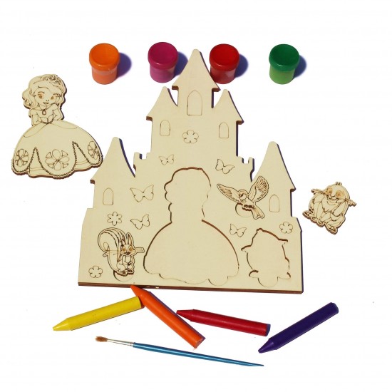 Plansa din Lemn pentru Colorat cu Figurine Detasabile - Castel cu Printesa