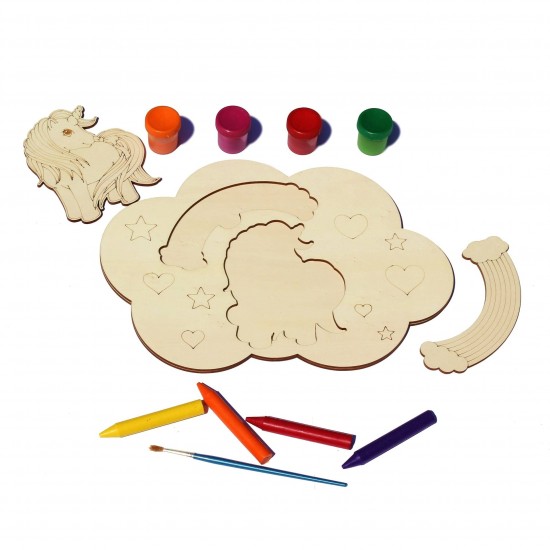 Plansa din Lemn pentru Colorat cu Figurine Detasabile - Norisor cu Unicorn si Curcubeu Plansa din Lemn pentru Colorat cu Figurine Detasabile - Norisor cu Unicorn si Curcubeu