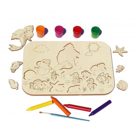 Plansa din Lemn pentru Colorat cu Figurine Detasabile - Sirena si Elemente Marine