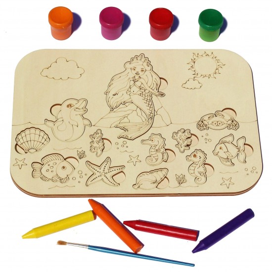 Plansa din Lemn pentru Colorat cu Figurine Detasabile - Sirena si Elemente Marine