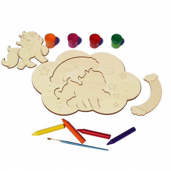Plansa din Lemn pentru Colorat cu Figurine Detasabile - Unicorn si Curcubeu