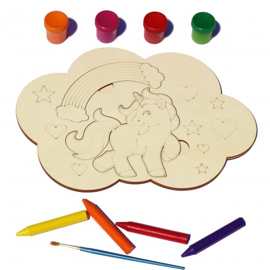 Plansa din Lemn pentru Colorat cu Figurine Detasabile - Unicorn si Curcubeu