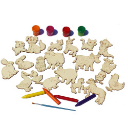 Set 20 figurine din Lemn pentru Colorat - Animale Domestice cu Pui