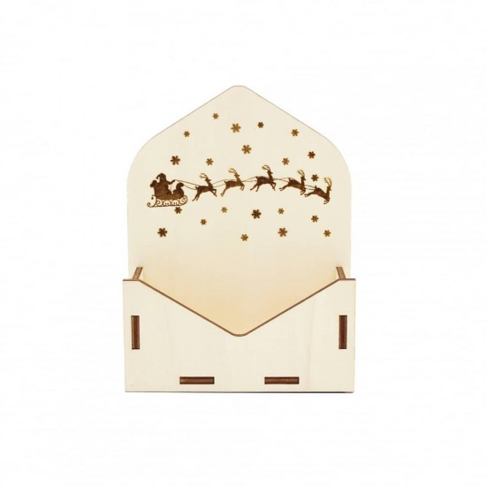 Cutie tip Plic din Lemn 13x4x17 cm - Mos Craciun si Renii Sai